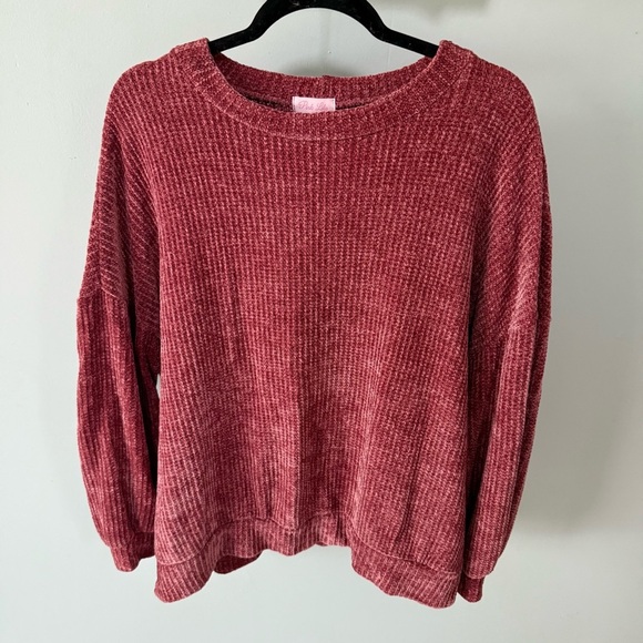 Pink Lily Maroon Chenille Knit Crew Neck SweaterSize Medium - Picture 1 of 8